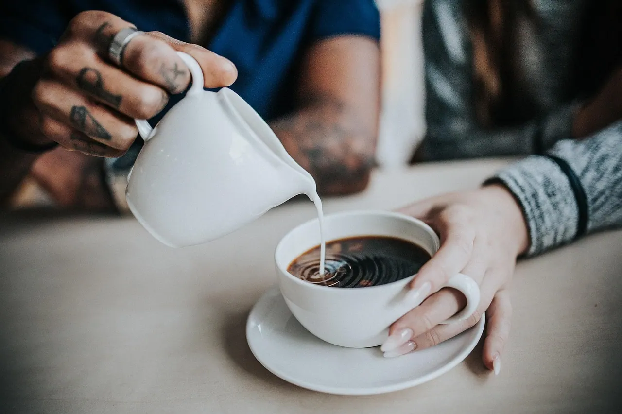 coffee, milk, hands, pour, pouring, caffeine, ceramics, cup, drink, mug, people, couple, man, coffee cup, woman, brewed coffee, coffee break, morning coffee