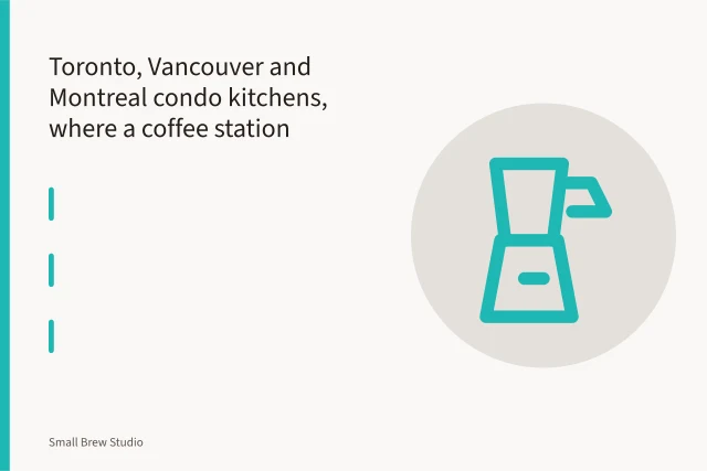 Compact coffee station with AeroPress, V60 cone and gooseneck kettle on narrow condo counter. Toronto, Vancouver and Montreal condo kitchens, where a coffee station fits