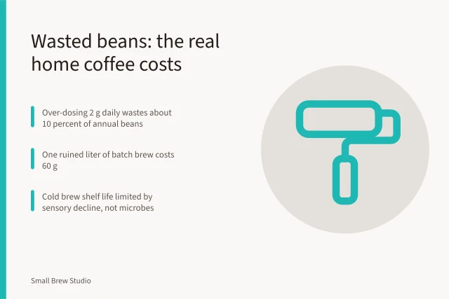 Cost breakdown of home coffee mistakes: overdosing, batch brew, stale beans. Wasted beans cost independent coffee drinkers more than they admit