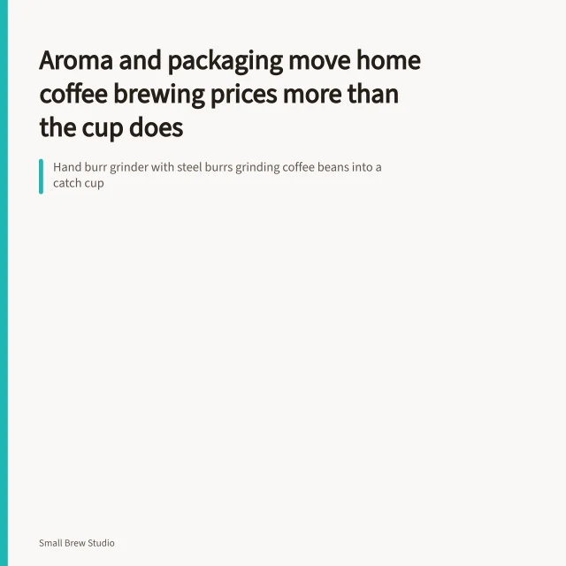 Hand burr grinder with steel burrs grinding coffee beans into a catch cup. Aroma and packaging move home coffee brewing prices more than the cup does