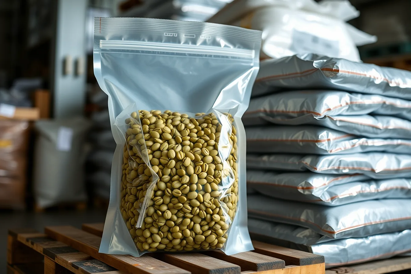 Hermetic barrier bags filled with raw green coffee beans for storage. Independent coffee brands, protected: storage rules from green bean to bag