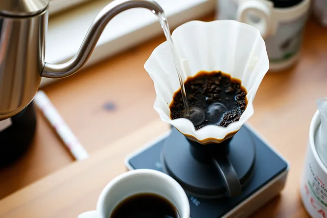 Gooseneck kettle pouring water over coffee grounds in a pour over dripper on a scale. What Is the Right Pour Over Ratio for One Cup?