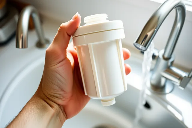 Carbon block water filter cartridge held over a kitchen sink before brewing. How prairie water hardness in Saskatoon and Winnipeg changes your brew