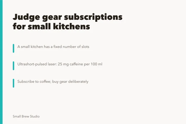 Card on judging coffee gear subscriptions for small kitchens. How to judge a coffee gear subscription for a small kitchen: the short version