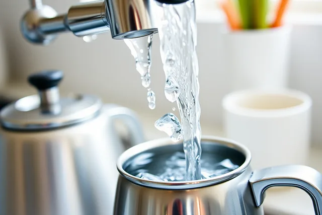 Tap water pouring from a kitchen faucet into a kettle for coffee brewing. How to pick tap water for coffee across Canadian provinces and cities