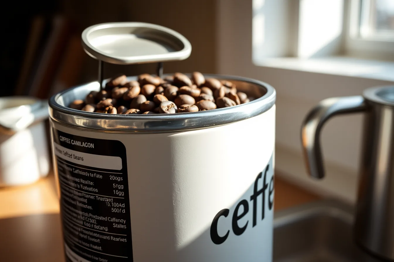 Coffee canister label and capacity markings shown with beans inside. What labels can tell you about small space coffee gear: the honest picture