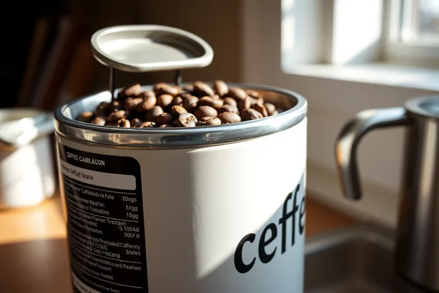 Coffee canister label and capacity markings shown with beans inside. What labels can tell you about small space coffee gear: the honest picture